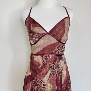 Vintage 90s Y2K Heart Moon Star 100% Silk Sparkly Lurex Burgundy Baby Doll Dress